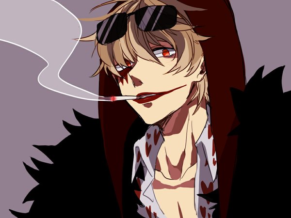 Anime picture 1024x768 with one piece toei animation donquixote rocinante mako1124 single looking at viewer short hair simple background blonde hair red eyes lipstick facial mark smoke open collar red lipstick sunglasses on head smoking purple background heart print boy