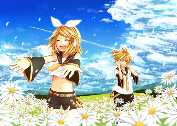 Anime picture 1400x1000 with vocaloid kagamine rin kagamine len hoshiyui tsukino (artist) fringe short hair open mouth smile standing bare shoulders payot sky cloud (clouds) outdoors eyes closed :d wind bare belly short sleeves midriff