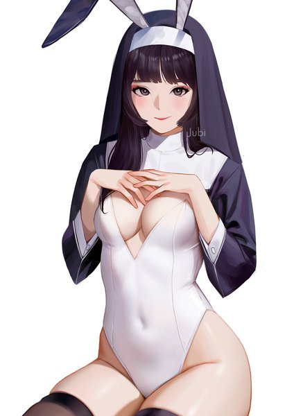 Anime picture 2480x3508 with real life zsa resty margana jubi (regiana) single long hair tall image looking at viewer fringe highres breasts light erotic black hair simple background smile white background animal ears cleavage blunt bangs black eyes bunny ears