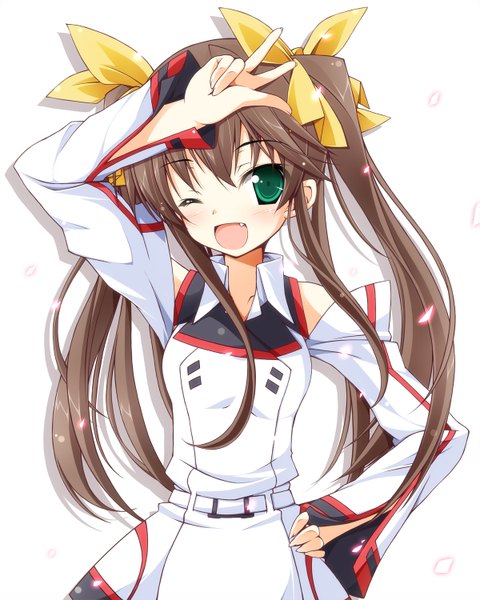 Anime picture 1200x1500 with infinite stratos 8bit fang linyin long hair tall image brown hair white background twintails green eyes one eye closed wink teeth fang (fangs) hand on hip girl detached sleeves petals