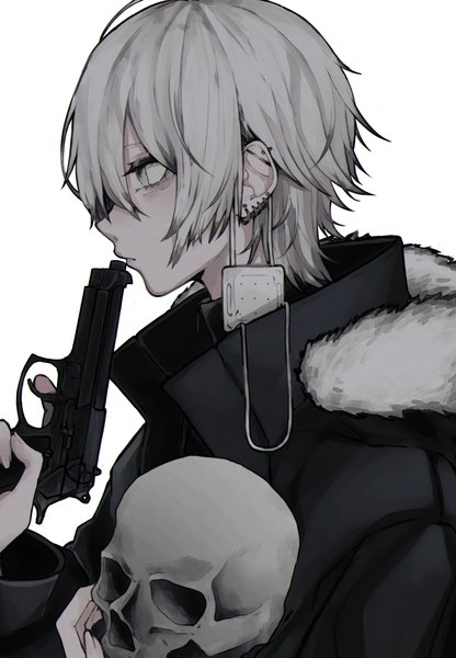 Anime picture 2834x4092 with original 402 (o0 xxx) single tall image highres short hair simple background white background looking away upper body profile grey hair grey eyes piercing ear piercing boy weapon gun eyepatch skull