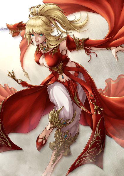 Anime picture 845x1200 with final fantasy final fantasy xiv square enix lyse hext lioreo single long hair tall image looking at viewer fringe breasts open mouth light erotic simple background blonde hair large breasts standing ponytail blunt bangs aqua eyes