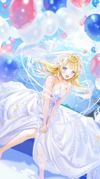 Anime picture 1000x1778 with idolmaster idolmaster shiny colors hachimiya meguru haruri single long hair tall image blush open mouth blue eyes blonde hair sitting ahoge :d hair flower from above wind sparkle star print girl
