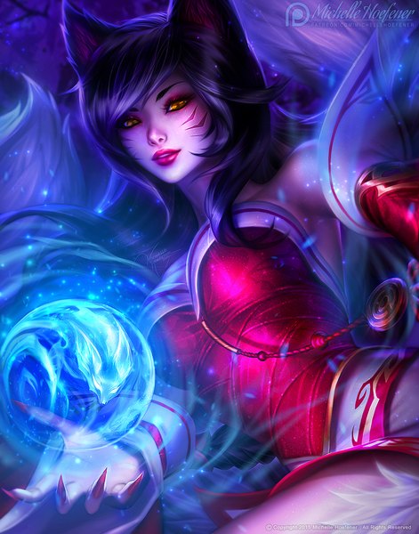 Anime picture 908x1156 with league of legends ahri (league of legends) michelle hoefener single long hair tall image looking at viewer fringe black hair signed animal ears purple hair tail traditional clothes animal tail fingernails lips realistic orange eyes lipstick
