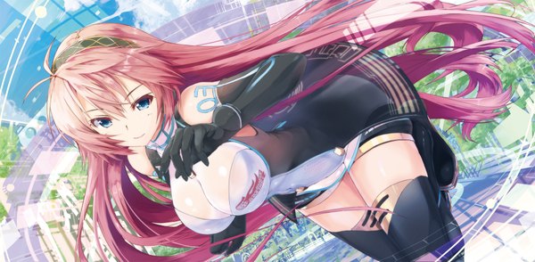 Anime picture 2100x1030 with vocaloid megurine luka daidou (demitasse) single long hair looking at viewer highres breasts blue eyes light erotic wide image large breasts pink hair cleavage tattoo falling girl gloves black gloves elbow gloves