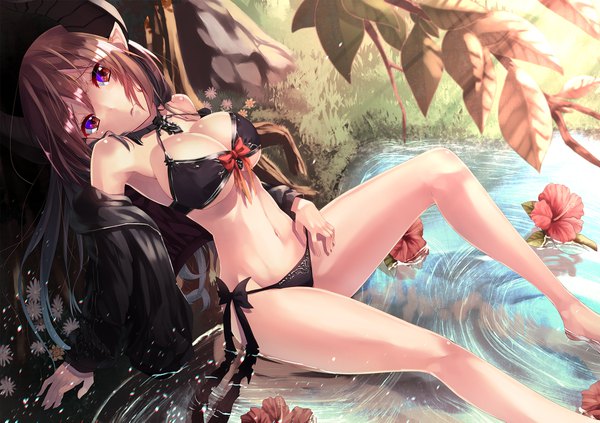 Anime picture 1920x1355 with shingeki no bahamut forte (shingeki no bahamut) saraki single long hair looking at viewer highres breasts light erotic brown hair large breasts purple eyes head tilt horn (horns) from above pointy ears arm support hand on hip partially submerged underboob