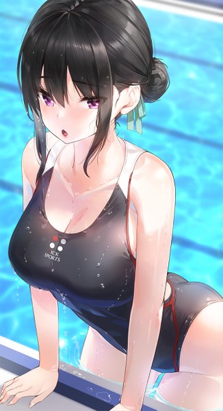 Anime picture 669x1230 with original kfr single tall image looking at viewer blush fringe short hair breasts open mouth light erotic black hair hair between eyes large breasts purple eyes bare shoulders payot cleavage outdoors from above
