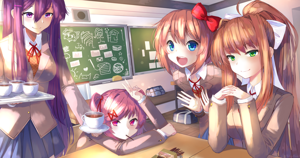 Anime picture 1920x1014 with doki doki literature club monika (doki doki literature club) yuri (doki doki literature club) natsuki (doki doki literature club) sayori (doki doki literature club) takuyarawr long hair looking at viewer blush fringe highres short hair open mouth blue eyes smile hair between eyes brown hair wide image standing sitting