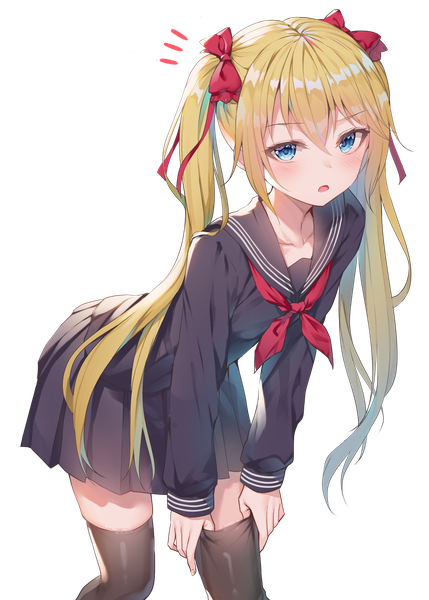 Anime picture 2589x3623 with original alexmaster single long hair tall image looking at viewer blush fringe highres open mouth blue eyes blonde hair hair between eyes standing twintails pleated skirt leaning zettai ryouiki leaning forward transparent background