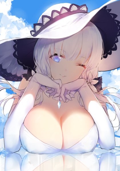 Anime picture 1948x2775 with azur lane illustrious (azur lane) horz single long hair tall image fringe highres breasts blue eyes light erotic smile large breasts twintails sky cleavage cloud (clouds) white hair head tilt one eye closed