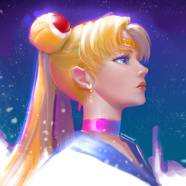 Anime picture 830x830 with bishoujo senshi sailor moon toei animation tsukino usagi sailor moon david pan single long hair blue eyes blonde hair twintails signed looking away profile lips hair bun (hair buns) lipstick sailor collar girl choker