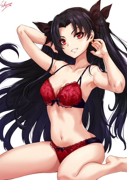 Anime-Bild 1200x1697 mit fate (series) fate/grand order ishtar (fate) sakiyamama single long hair tall image looking at viewer fringe breasts light erotic black hair simple background smile red eyes white background sitting signed cleavage nail polish