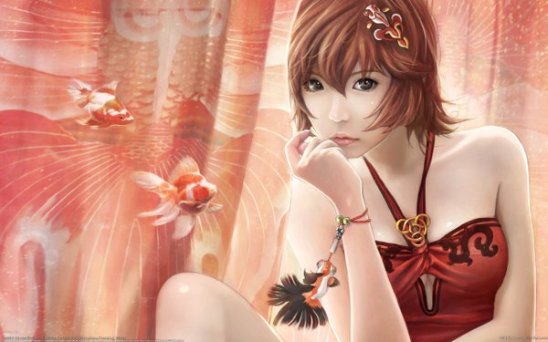 Anime picture 2560x1600 with original eat0123 single looking at viewer fringe highres short hair hair between eyes wide image bare shoulders red hair realistic grey eyes watermark halterneck chin rest girl dress hair ornament animal
