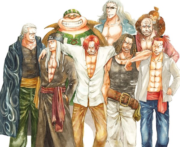Anime picture 1500x1223 with one piece toei animation tagme (character) shanks benn beckman lucky roux yasopp kusaco (artist) long hair looking at viewer short hair open mouth simple background smile brown hair white background white hair red hair eyes closed open clothes