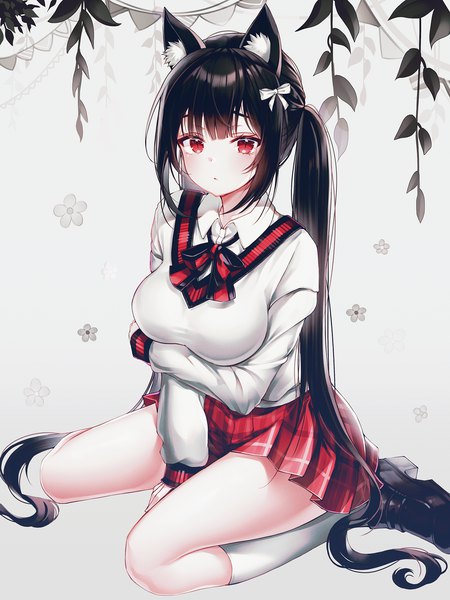 Anime picture 1500x2000 with original mellozzo single long hair tall image looking at viewer blush fringe breasts black hair simple background red eyes large breasts sitting twintails animal ears payot full body blunt bangs long sleeves