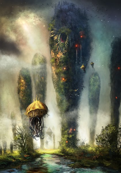 Anime picture 1260x1798 with original ferdinand ladera tall image signed sunlight no people fantasy alternate age fog plant (plants) animal bird (birds) grass monster stone (stones)