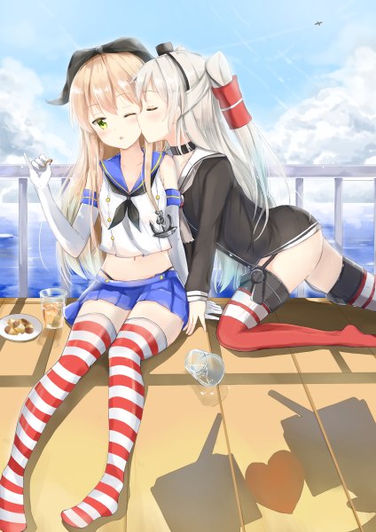 Anime picture 848x1200 with kantai collection shimakaze destroyer rensouhou-chan amatsukaze destroyer rensouhou-kun konka long hair tall image blush blonde hair sitting multiple girls green eyes white hair eyes closed one eye closed wink two side up shoujo ai kiss