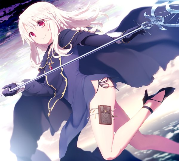 Anime picture 1000x901 with fate (series) fate/kaleid liner prisma illya illyasviel von einzbern haribote (tarao) single long hair light erotic smile cloud (clouds) bent knee (knees) white hair braid (braids) pink eyes high heels dutch angle single braid girl dress gloves black gloves