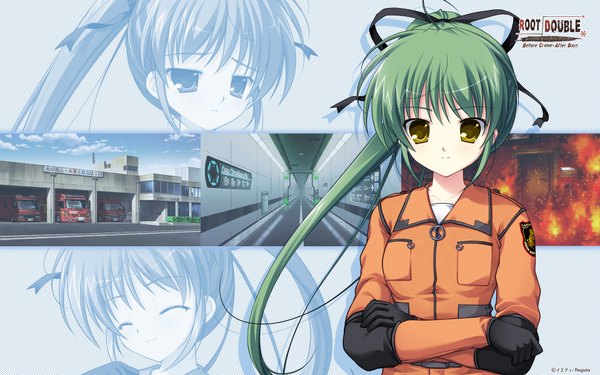 Anime picture 1920x1200 with root double moribe jun long hair highres wide image yellow eyes game cg ponytail green hair girl ribbon (ribbons) hair ribbon suit