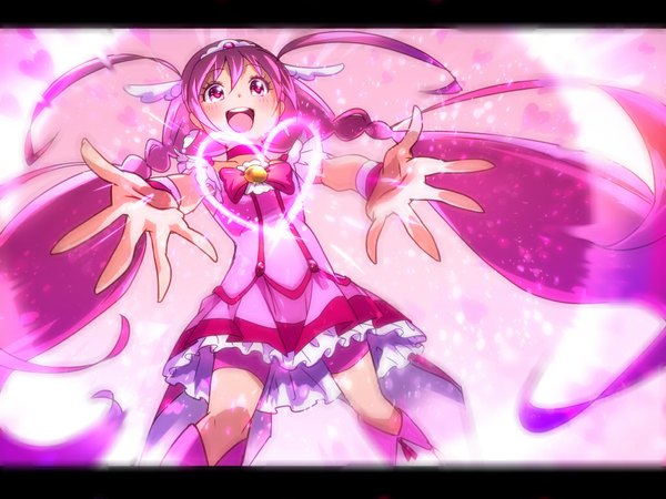 Anime picture 1024x768 with precure smile precure! toei animation hoshizora miyuki cure happy ume (plumblossom) single long hair blush open mouth pink hair pink eyes magic girl dress heart thigh boots wrist cuffs tiara