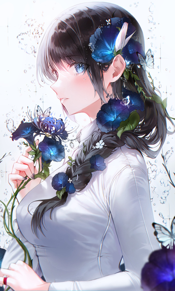 Anime picture 1000x1664 with original 2sham single long hair tall image looking at viewer blush fringe breasts blue eyes black hair simple background standing holding payot braid (braids) long sleeves nail polish parted lips profile