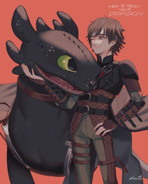 Anime picture 825x1024 with how to train your dragon dreamworks toothless hiccup horrendous haddock iii kirudai tall image short hair simple background brown hair standing signed one eye closed wink copyright name hand on hip red background fantasy boy dragon