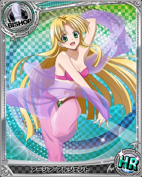 Anime picture 640x800 with highschool dxd asia argento single long hair tall image looking at viewer open mouth light erotic blonde hair green eyes card (medium) girl navel shawl