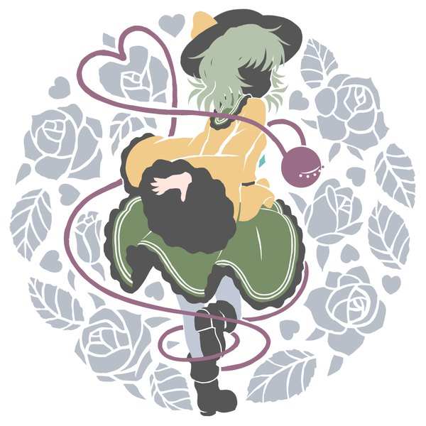 Anime picture 1514x1514 with touhou komeiji koishi dise single fringe short hair full body looking back green hair from behind wide sleeves heart of string flat color girl skirt flower (flowers) hat pantyhose heart rose (roses)