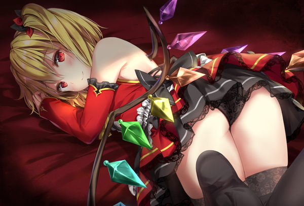 Anime picture 1153x781 with touhou flandre scarlet izuru single looking at viewer blush fringe short hair light erotic blonde hair smile hair between eyes red eyes bare shoulders ass lying long sleeves pleated skirt no shoes adapted costume