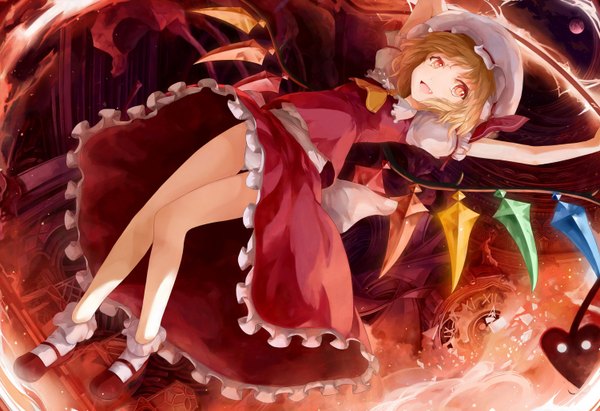 Anime picture 1502x1030 with touhou flandre scarlet arctic (artist) single short hair open mouth blonde hair red eyes teeth fang (fangs) girl wings frills bonnet crystal