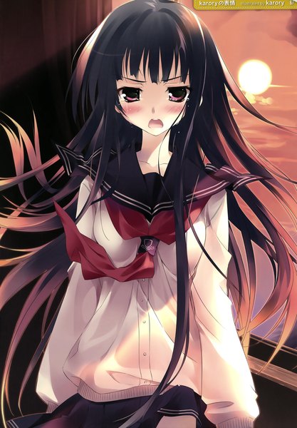 Anime picture 1939x2789 with karory single long hair tall image looking at viewer blush highres open mouth black hair purple eyes scan official art tears girl uniform serafuku