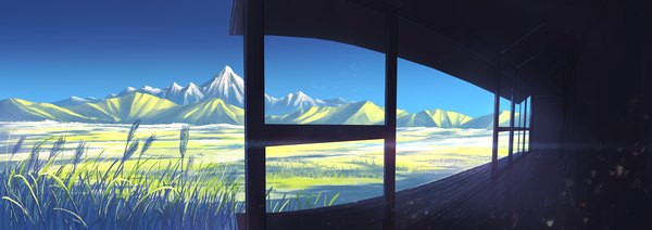 Anime picture 3055x1080 with original arukiru highres wide image sky lens flare horizon mountain no people scenic field fisheye plant (plants) grass veranda