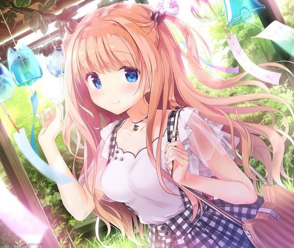 Anime picture 3929x3317 with date situation zukan saijo melia kimishima ao single long hair looking at viewer blush fringe highres blue eyes blonde hair smile standing absurdres outdoors two side up girl plant (plants) choker bag