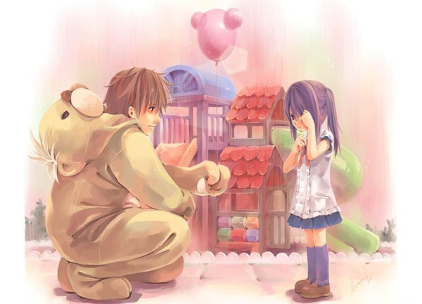 Anime picture 1600x1157 with mou-s short hair brown hair purple eyes brown eyes purple hair squat crying girl dress boy toy child (children) house balloon animal costume bear bear costume