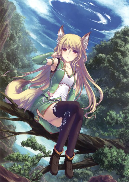 Anime picture 2498x3500 with original tenmaso single long hair tall image highres blonde hair red eyes sitting animal ears absurdres sky cloud (clouds) tail animal tail scan official art fox ears fox tail fox girl