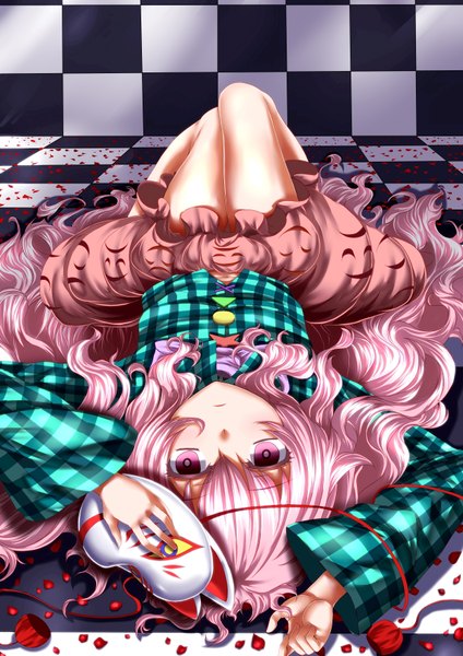 Anime picture 2480x3507 with touhou hata no kokoro zan (harukahime) single long hair tall image highres purple eyes pink hair lying mask on head checkered background girl dress flower (flowers) petals mask