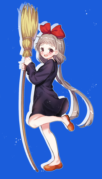 Anime picture 536x941 with kiki's delivery service original studio ghibli dabi (dabibubi) single long hair tall image looking at viewer blush fringe open mouth simple background smile red eyes standing twintails holding full body bent knee (knees) :d