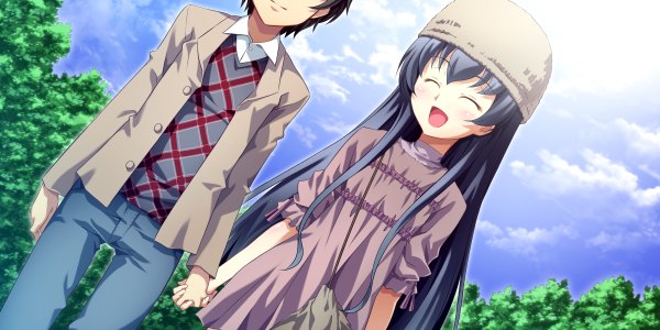 Anime picture 2400x1200 with soranica ele (game) patelliere kaguya izumi mahiru long hair highres open mouth black hair wide image game cg eyes closed holding hands girl boy