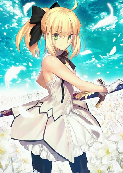 Anime picture 819x1152 with fate (series) fate/stay night fate/unlimited codes type-moon artoria pendragon (all) saber saber lily takeuchi takashi single long hair tall image looking at viewer fringe blonde hair standing bare shoulders holding green eyes sky cloud (clouds)