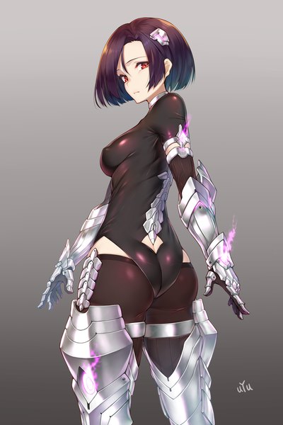 Anime-Bild 900x1350 mit original uyu (keyakinoki) single tall image looking at viewer short hair breasts light erotic black hair simple background red eyes standing signed ass from behind gradient background glowing covered nipples expressionless shiny