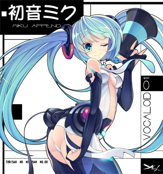 Anime picture 1500x1600 with vocaloid vocaloid append hatsune miku hatsune miku (append) torisan single long hair tall image blush fringe light erotic simple background smile white background twintails green eyes blue hair ass one eye closed wink
