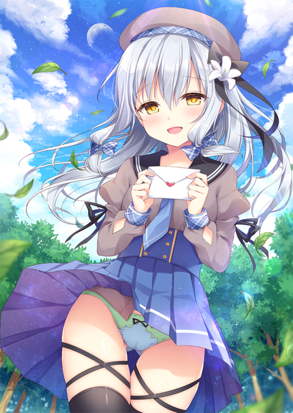 Anime picture 800x1127 with original moe2019 shikitani asuka single long hair tall image looking at viewer blush fringe open mouth light erotic hair between eyes yellow eyes sky silver hair cloud (clouds) :d pantyshot skirt lift tress ribbon