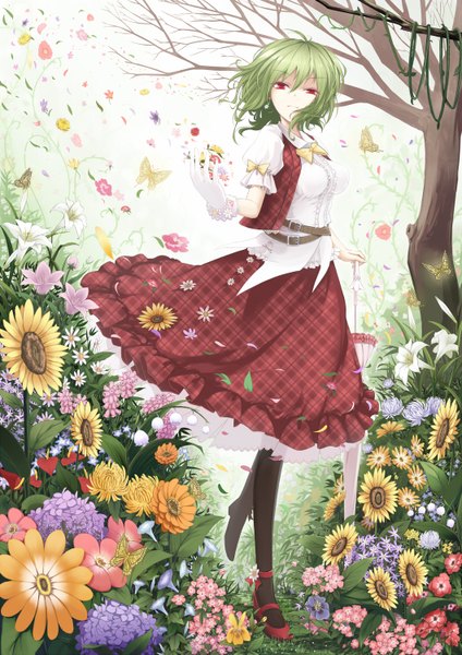 Anime picture 1060x1500 with touhou kazami yuuka cloudy.r single tall image short hair red eyes green hair wind plaid skirt closed umbrella girl skirt gloves flower (flowers) bow plant (plants) shirt pantyhose tree (trees)