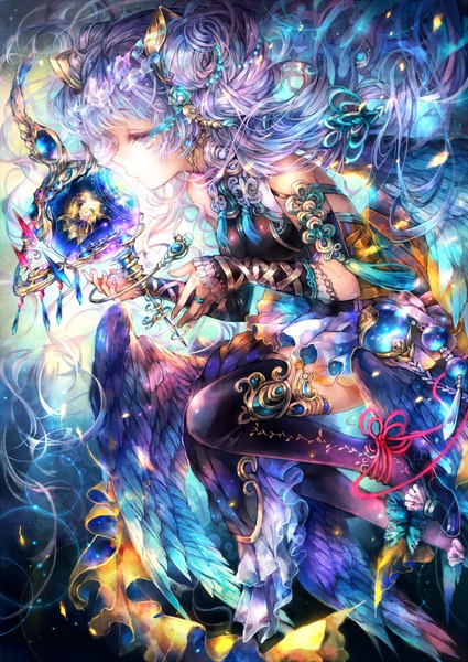 Anime picture 1000x1412 with original shigaraki (strobe blue) single tall image purple eyes purple hair fantasy girl thighhighs dress hair ornament ribbon (ribbons) black thighhighs petals wings shoes frills bracelet jewelry ankle cuffs