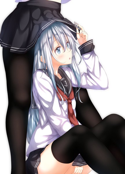 Anime picture 1588x2207 with kantai collection hibiki destroyer akatsuki destroyer numpopo long hair tall image blush fringe open mouth blue eyes light erotic hair between eyes standing sitting multiple girls holding payot looking away silver hair long sleeves