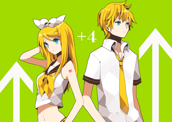 Anime picture 1200x850 with vocaloid kagamine rin kagamine len mo nako long hair short hair blue eyes blonde hair tattoo couple open collar twins brother and sister future style (module) girl boy navel hair ornament bow ribbon (ribbons)