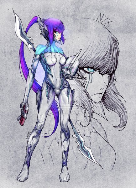 Anime picture 1024x1415 with warframe nyx (warframe) tagme (artist) single tall image blue eyes looking away purple hair ponytail very long hair grey background watermark face paint girl weapon gun bodysuit