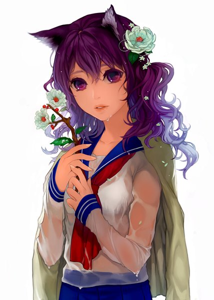 Anime picture 1500x2097 with original ddongu single tall image looking at viewer simple background white background purple eyes purple hair wet wet clothes girl uniform flower (flowers) serafuku cape