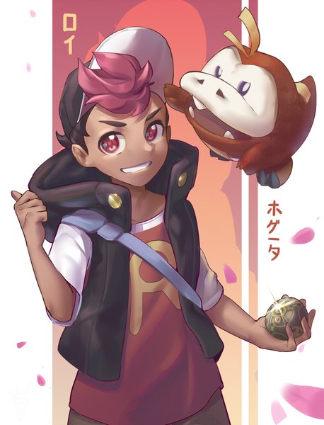 Anime picture 1980x2592 with pokemon pokemon horizons nintendo fuecoco roy (pokemon) maigandayo single tall image highres short hair black hair smile red eyes pink hair upper body multicolored hair two-tone hair sparkle character names grin