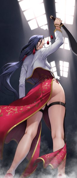 Anime picture 1784x4096 with black lagoon madhouse shenhua yoshio (55level) single long hair tall image looking at viewer fringe highres light erotic black hair hair between eyes standing holding ass indoors long sleeves traditional clothes parted lips